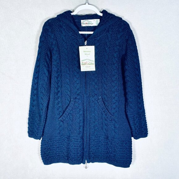 Aran Crafts Fisherman Sweater Womens S Blue Merino Wool Full Zip Cardigan NWT - Picture 1 of 10